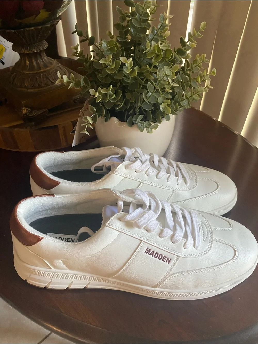 Men’s White Madden Orthopedic Sneakers with Brown Heel Accent
